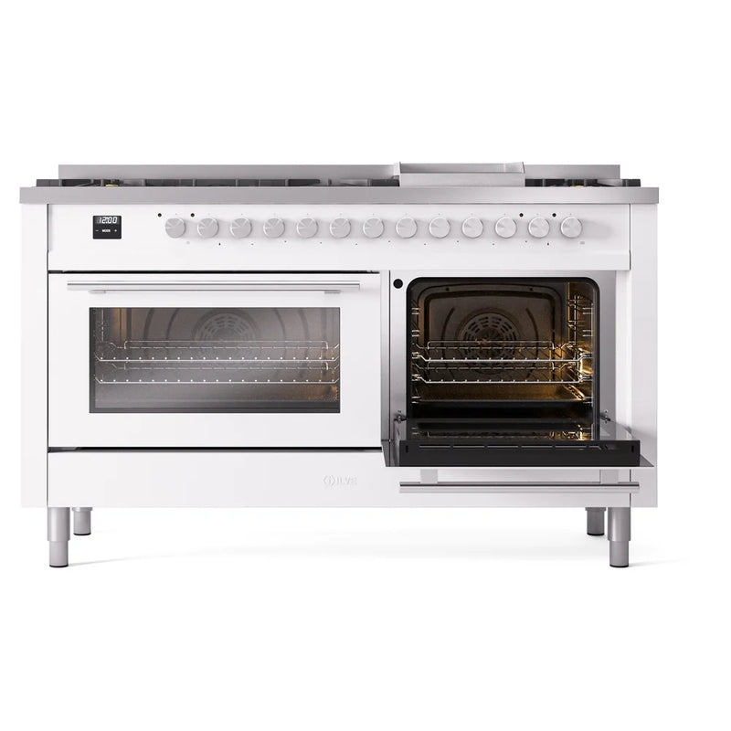 ILVE Professional Plus II 60" Dual Fuel Freestanding Range in White with Stainless Steel Trim, UP60FWMPWHLP