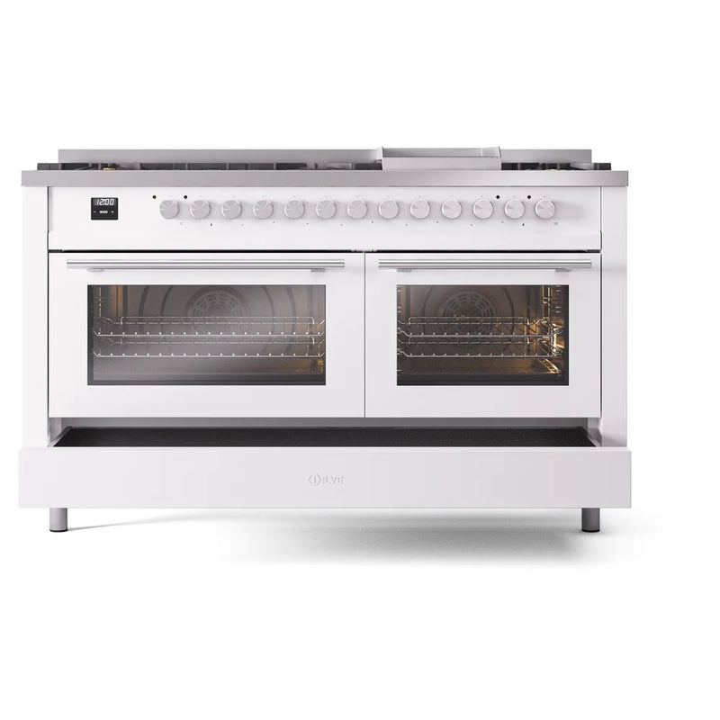 ILVE Professional Plus II 60" Dual Fuel Freestanding Range in White with Stainless Steel Trim, UP60FWMPWHLP