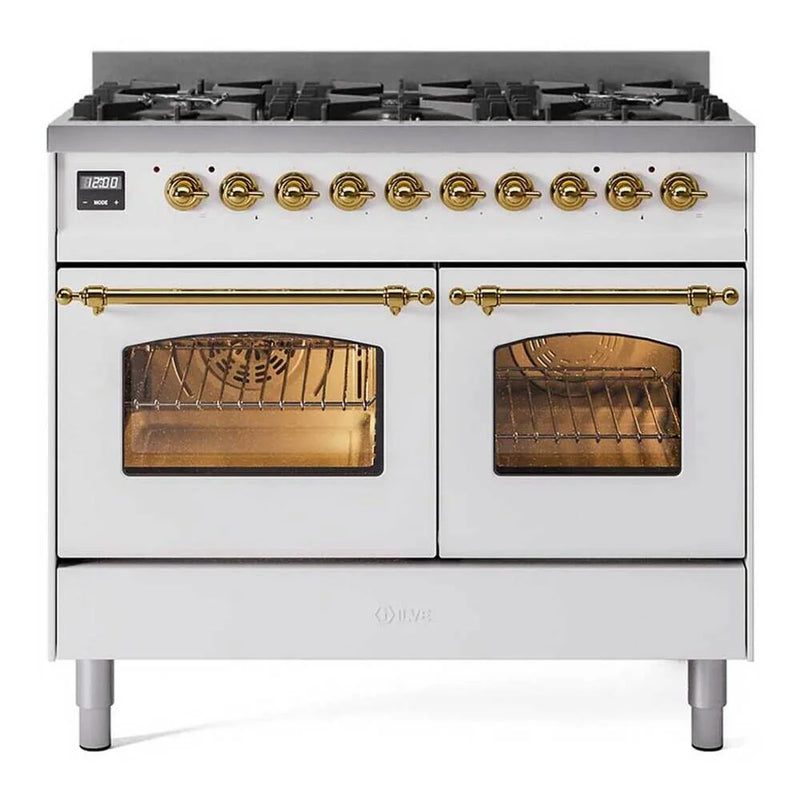 ILVE Nostalgie II 40" Dual Fuel Freestanding Range in White with Brass Trim (Limited Edition), UPD406NMPWHGLP