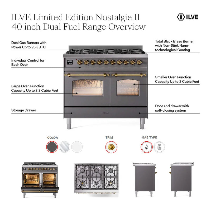 ILVE Nostalgie II 40" Dual Fuel Freestanding Range in White with Brass Trim (Limited Edition), UPD406NMPWHGLP