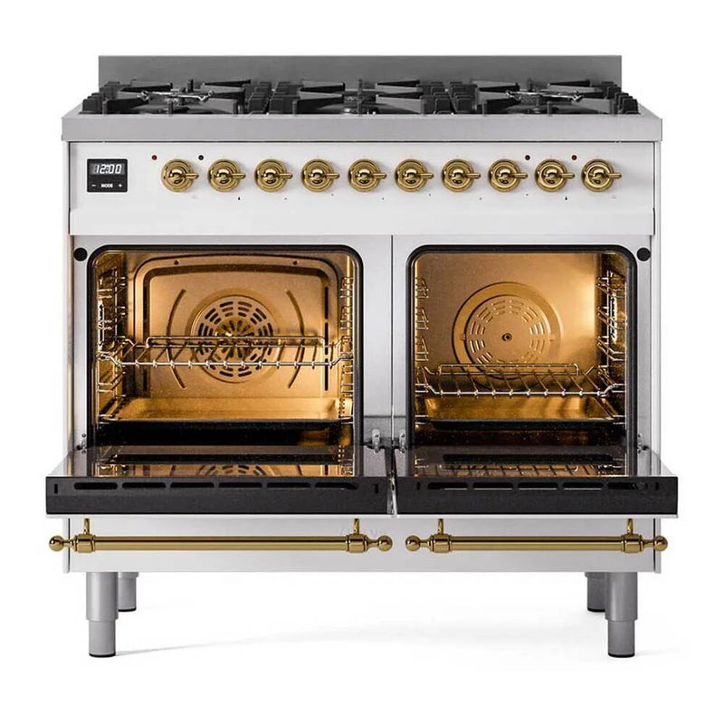 ILVE Nostalgie II 40" Dual Fuel Freestanding Range in White with Brass Trim (Limited Edition), UPD406NMPWHGLP