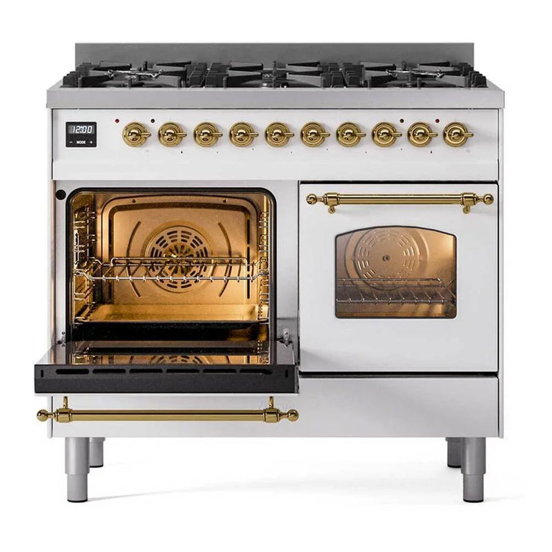 ILVE Nostalgie II 40" Dual Fuel Freestanding Range in White with Brass Trim (Limited Edition), UPD406NMPWHG