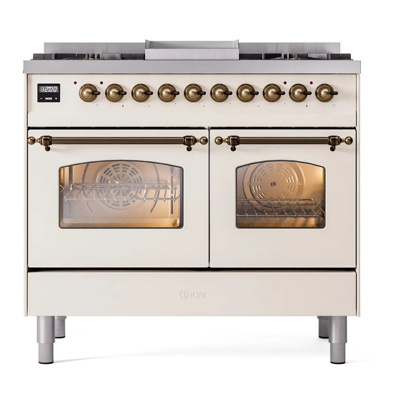 ILVE Nostalgie II 40" Dual Fuel Freestanding Range in Antique White with Burnished Trim, UPD40FNMPAWBLP