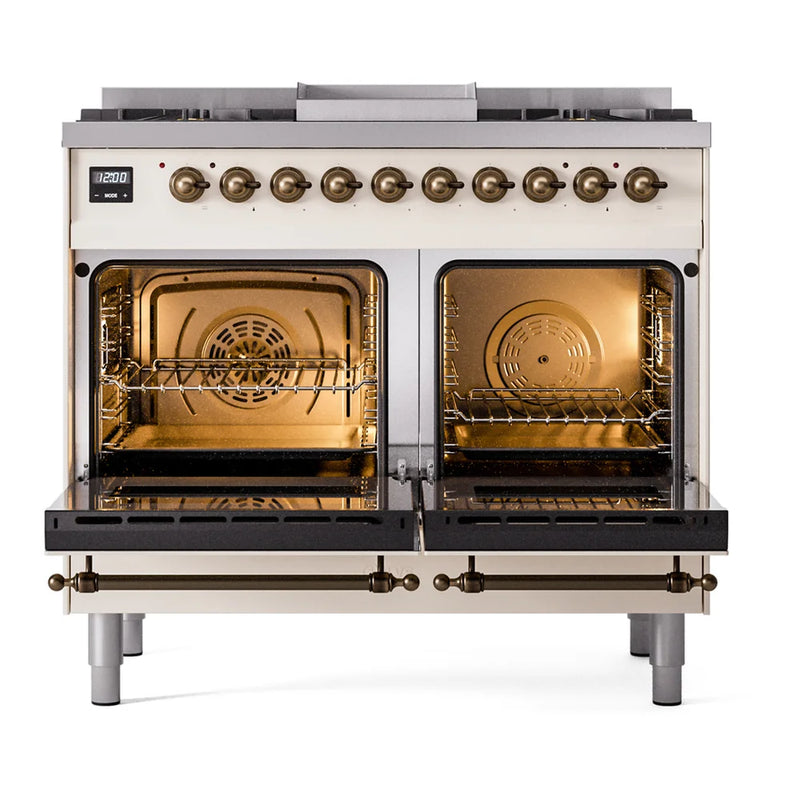 ILVE Nostalgie II 40" Dual Fuel Freestanding Range in Antique White with Burnished Trim, UPD40FNMPAWBLP