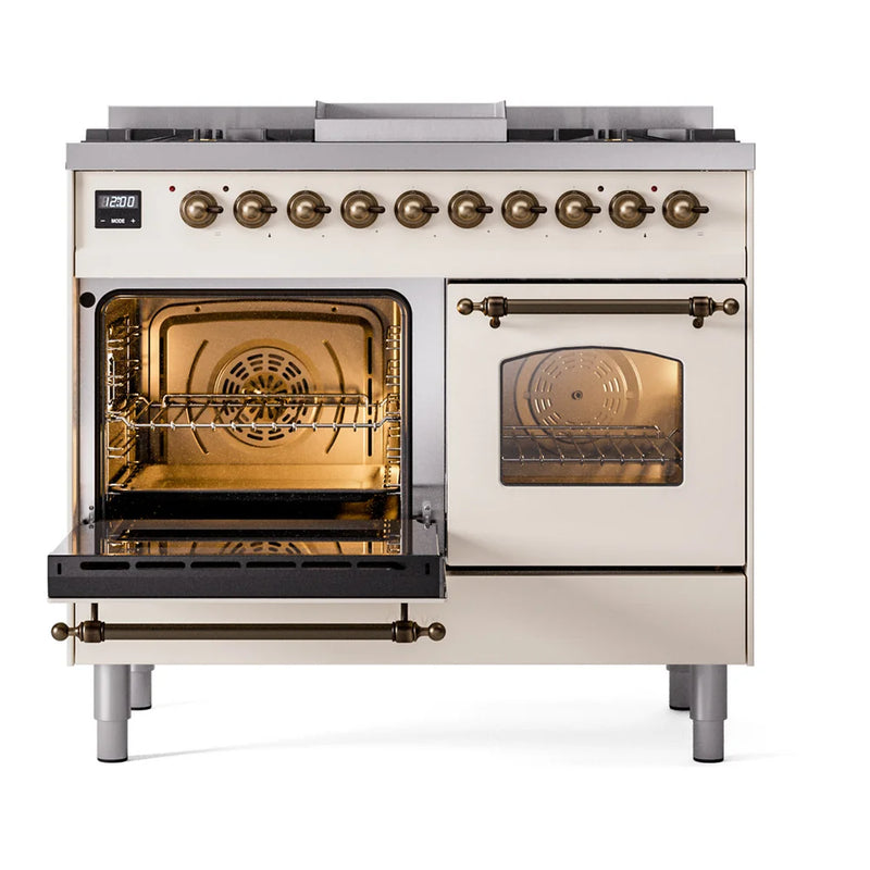 ILVE Nostalgie II 40" Dual Fuel Freestanding Range in Antique White with Burnished Trim, UPD40FNMPAWBLP