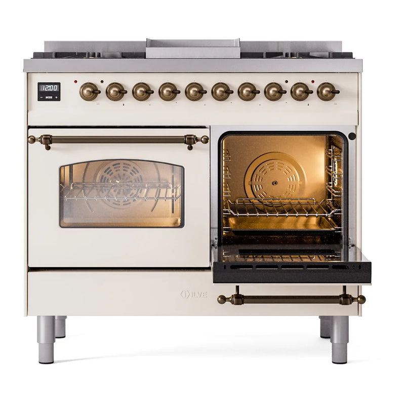 ILVE Nostalgie II 40" Dual Fuel Freestanding Range in Antique White with Burnished Trim, UPD40FNMPAWBLP