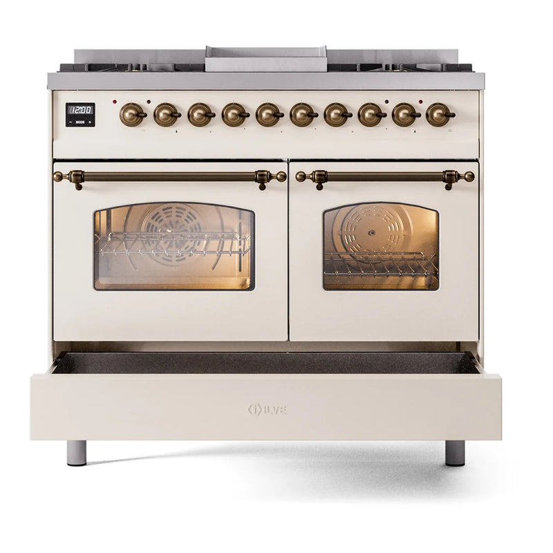 ILVE Nostalgie II 40" Dual Fuel Freestanding Range in Antique White with Burnished Trim, UPD40FNMPAWBLP