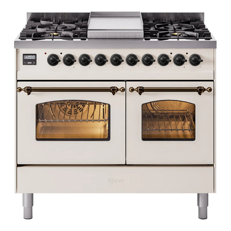 ILVE Nostalgie II 40" Dual Fuel Freestanding Range in Antique White with Burnished Trim, UPD40FNMPAWB