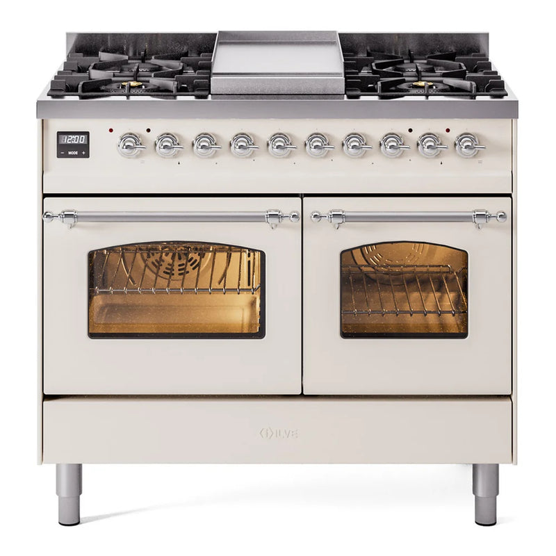 ILVE Nostalgie II 40" Dual Fuel Freestanding Range in Antique White with Chrome Trim, UPD40FNMPAWCLP