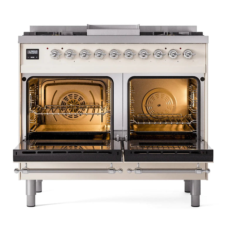 ILVE Nostalgie II 40" Dual Fuel Freestanding Range in Antique White with Chrome Trim, UPD40FNMPAWCLP