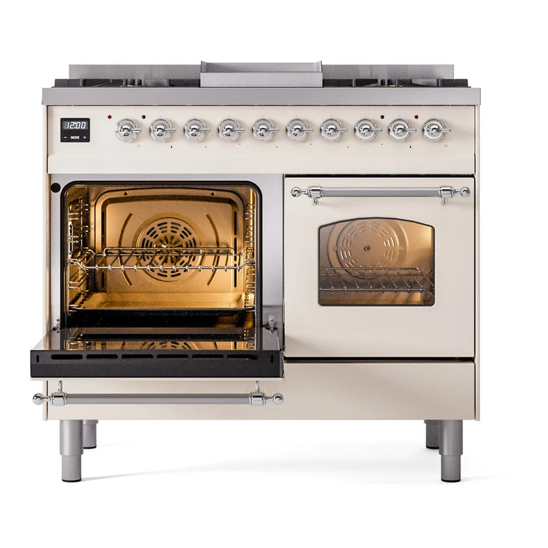 ILVE Nostalgie II 40" Dual Fuel Freestanding Range in Antique White with Chrome Trim, UPD40FNMPAWCLP