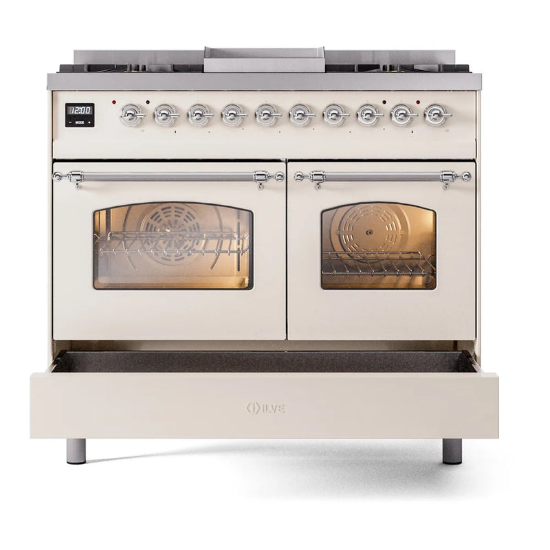 ILVE Nostalgie II 40" Dual Fuel Freestanding Range in Antique White with Chrome Trim, UPD40FNMPAWCLP