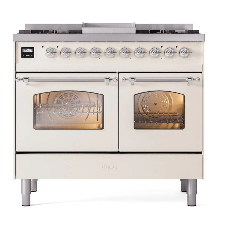 ILVE Nostalgie II 40" Dual Fuel Freestanding Range in Antique White with Chrome Trim, UPD40FNMPAWC