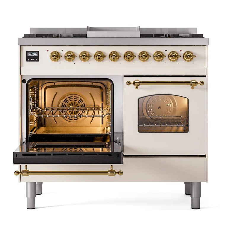 ILVE Nostalgie II 40" Dual Fuel Freestanding Range in Antique White with Brass Trim, UPD40FNMPAWGLP