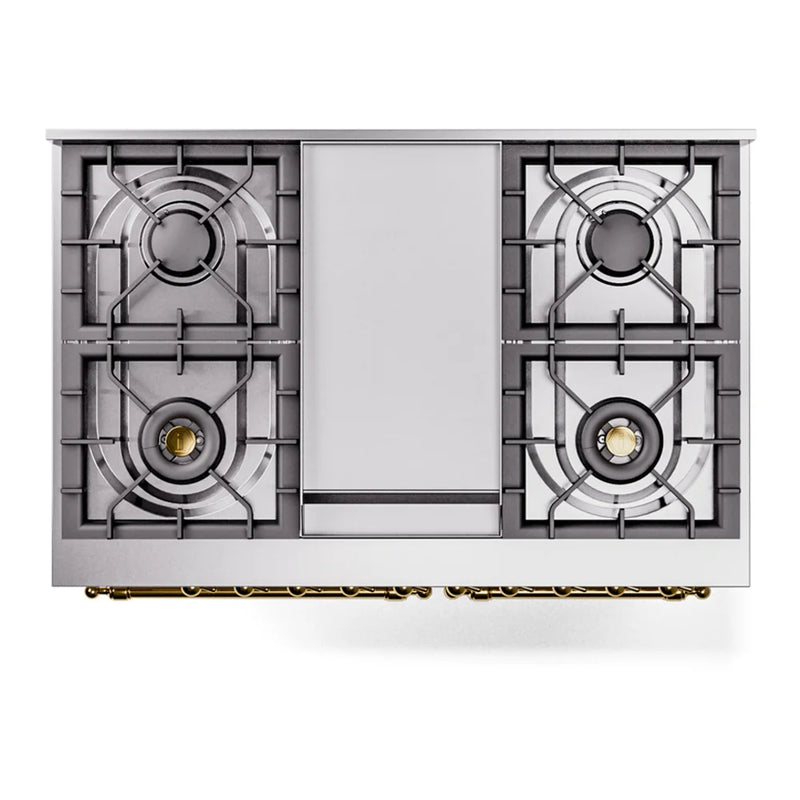 ILVE Nostalgie II 40" Dual Fuel Freestanding Range in Antique White with Brass Trim, UPD40FNMPAWGLP