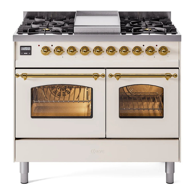 ILVE Nostalgie II 40" Dual Fuel Freestanding Range in Antique White with Brass Trim, UPD40FNMPAWG