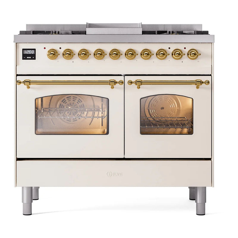 ILVE Nostalgie II 40" Dual Fuel Freestanding Range in Antique White with Brass Trim, UPD40FNMPAWG