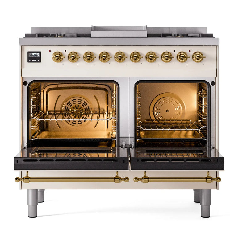 ILVE Nostalgie II 40" Dual Fuel Freestanding Range in Antique White with Brass Trim, UPD40FNMPAWG