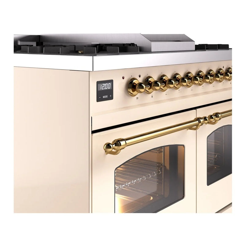 ILVE Nostalgie II 40" Dual Fuel Freestanding Range in Antique White with Brass Trim, UPD40FNMPAWG