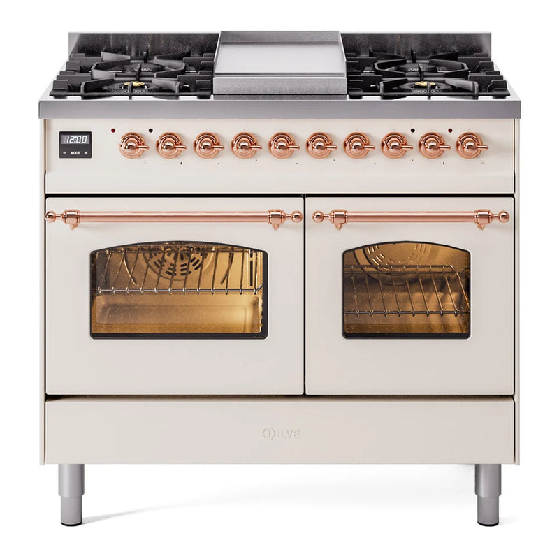 ILVE Nostalgie II 40" Dual Fuel Freestanding Range in Antique White with Copper Trim, UPD40FNMPAWPLP