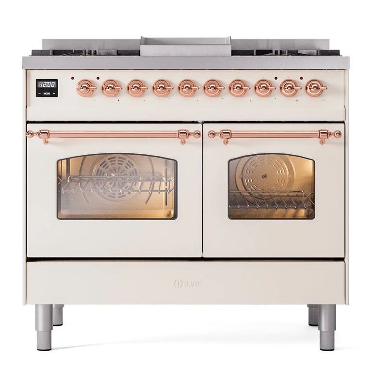 ILVE Nostalgie II 40" Dual Fuel Freestanding Range in Antique White with Copper Trim, UPD40FNMPAWPLP