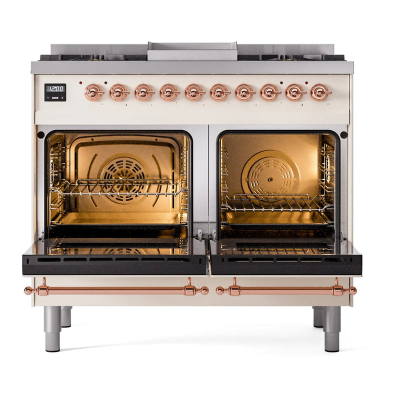ILVE Nostalgie II 40" Dual Fuel Freestanding Range in Antique White with Copper Trim, UPD40FNMPAWPLP