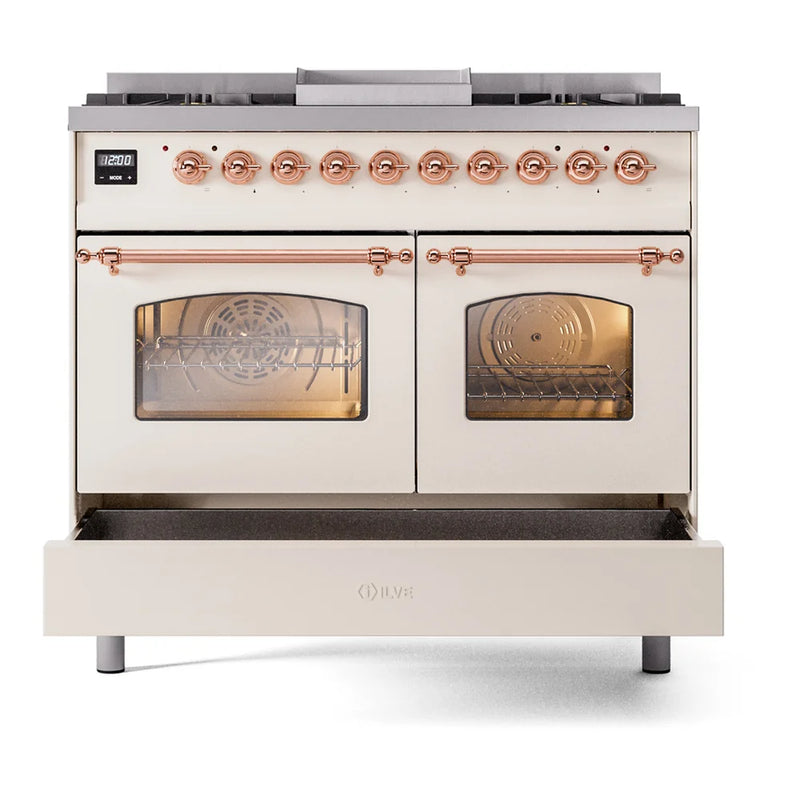 ILVE Nostalgie II 40" Dual Fuel Freestanding Range in Antique White with Copper Trim, UPD40FNMPAWPLP