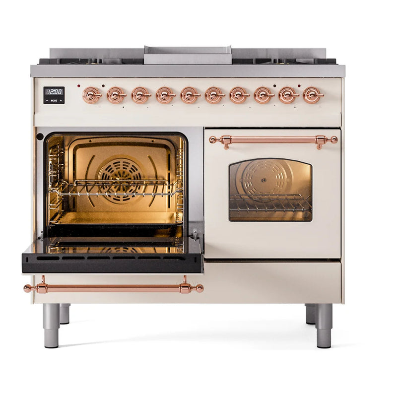 ILVE Nostalgie II 40" Dual Fuel Freestanding Range in Antique White with Copper Trim, UPD40FNMPAWP