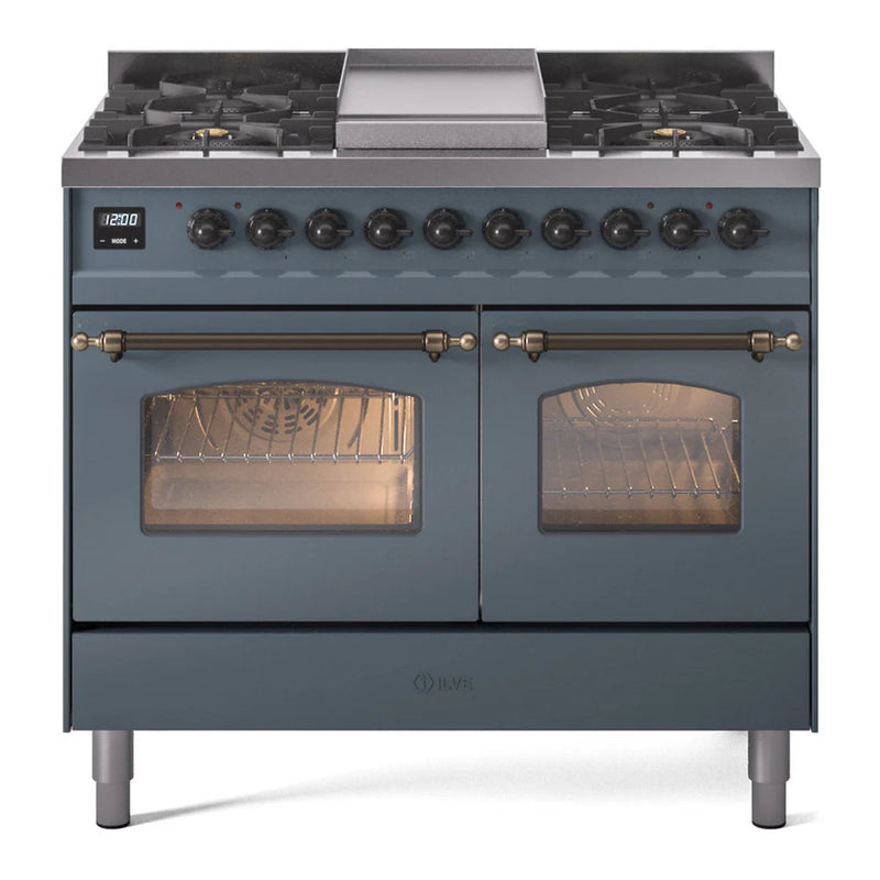 ILVE Nostalgie II 40" Dual Fuel Freestanding Range in Blue Grey with Burnished Trim, UPD40FNMPBGBLP