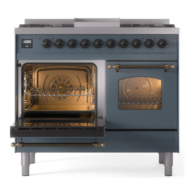 ILVE Nostalgie II 40" Dual Fuel Freestanding Range in Blue Grey with Burnished Trim, UPD40FNMPBGBLP