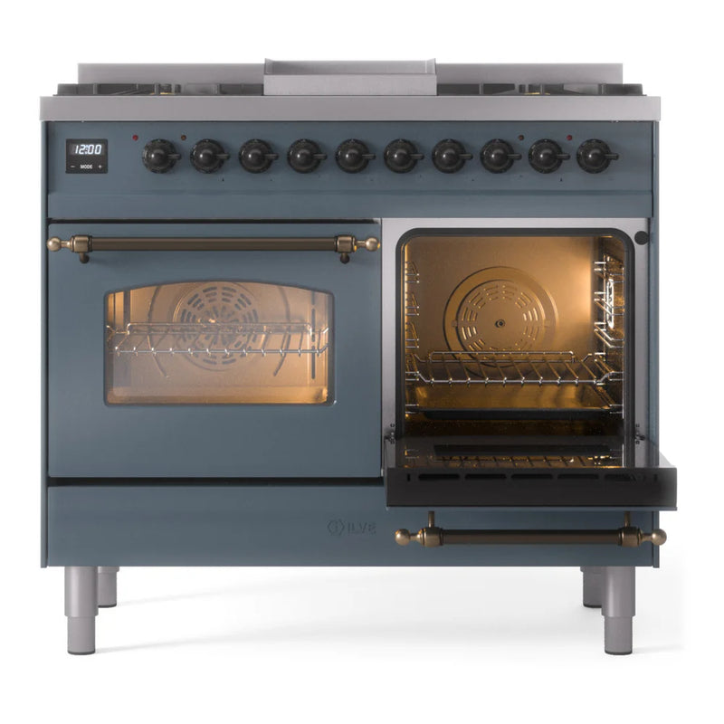ILVE Nostalgie II 40" Dual Fuel Freestanding Range in Blue Grey with Burnished Trim, UPD40FNMPBGB