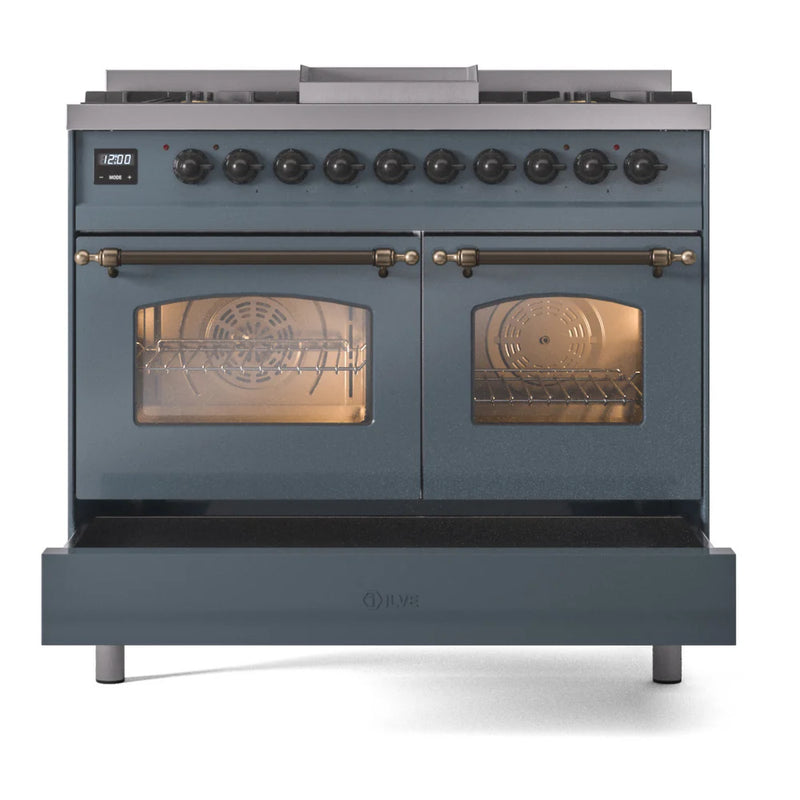 ILVE Nostalgie II 40" Dual Fuel Freestanding Range in Blue Grey with Burnished Trim, UPD40FNMPBGB