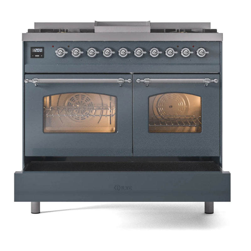 ILVE Nostalgie II 40" Dual Fuel Freestanding Range in Blue Grey with Chrome Trim, UPD40FNMPBGCLP