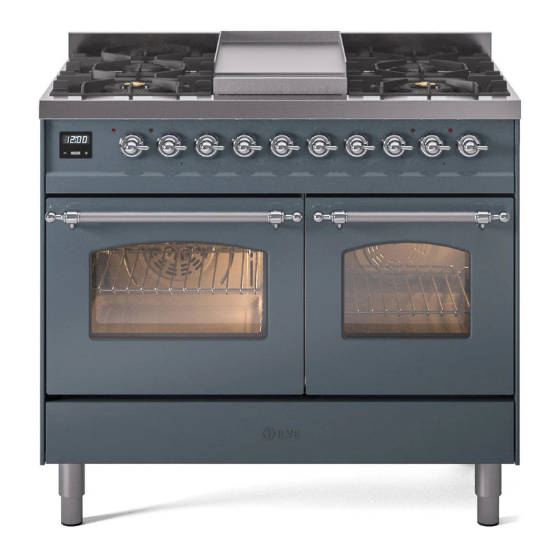 ILVE Nostalgie II 40" Dual Fuel Freestanding Range in Blue Grey with Chrome Trim, UPD40FNMPBGC