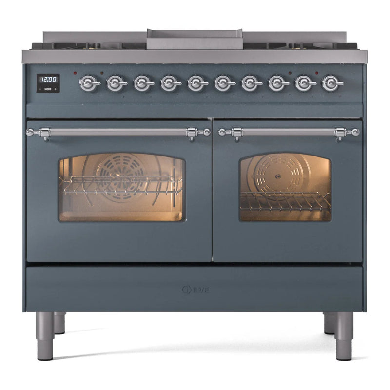 ILVE Nostalgie II 40" Dual Fuel Freestanding Range in Blue Grey with Chrome Trim, UPD40FNMPBGC