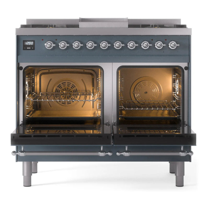 ILVE Nostalgie II 40" Dual Fuel Freestanding Range in Blue Grey with Chrome Trim, UPD40FNMPBGC