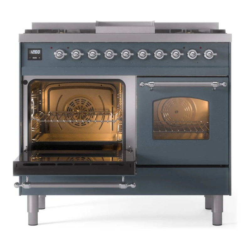 ILVE Nostalgie II 40" Dual Fuel Freestanding Range in Blue Grey with Chrome Trim, UPD40FNMPBGC