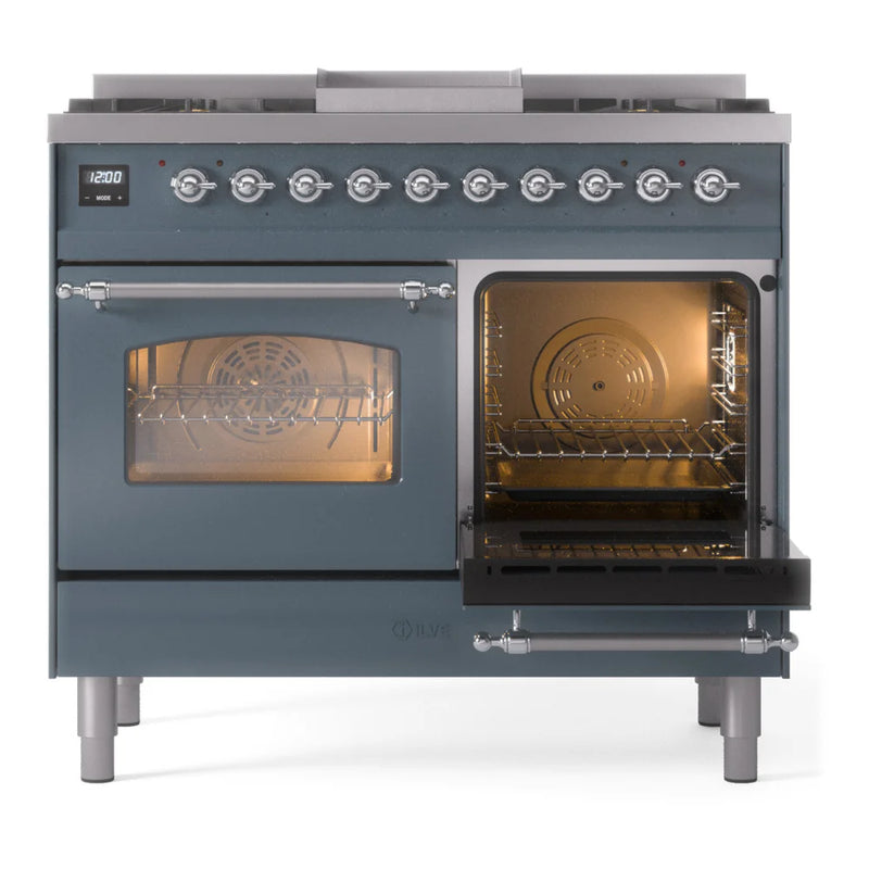 ILVE Nostalgie II 40" Dual Fuel Freestanding Range in Blue Grey with Chrome Trim, UPD40FNMPBGC