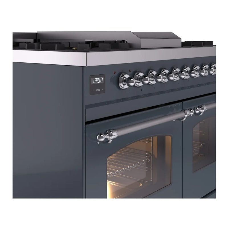 ILVE Nostalgie II 40" Dual Fuel Freestanding Range in Blue Grey with Chrome Trim, UPD40FNMPBGC