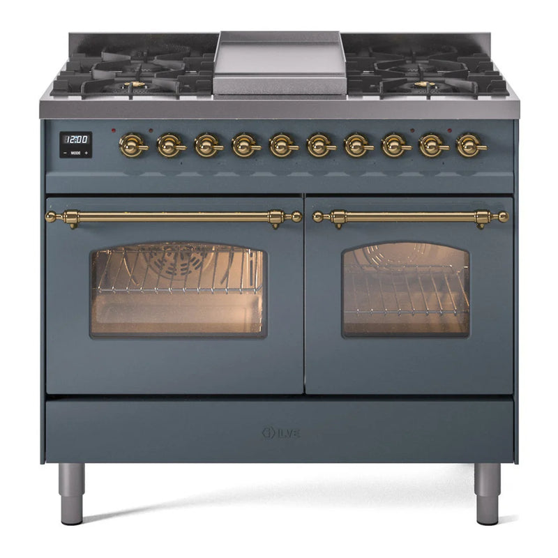 ILVE Nostalgie II 40" Dual Fuel Freestanding Range in Blue Grey with Brass Trim, UPD40FNMPBGGLP