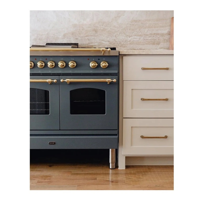 ILVE Nostalgie II 40" Dual Fuel Freestanding Range in Blue Grey with Brass Trim, UPD40FNMPBGGLP