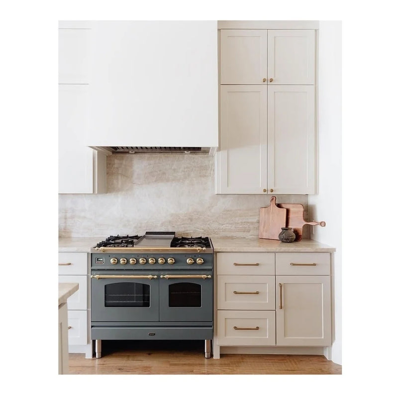 ILVE Nostalgie II 40" Dual Fuel Freestanding Range in Blue Grey with Brass Trim, UPD40FNMPBGGLP