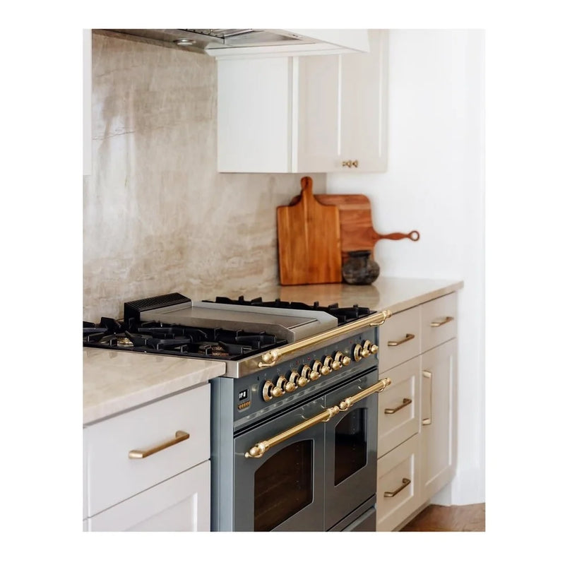 ILVE Nostalgie II 40" Dual Fuel Freestanding Range in Blue Grey with Brass Trim, UPD40FNMPBGGLP