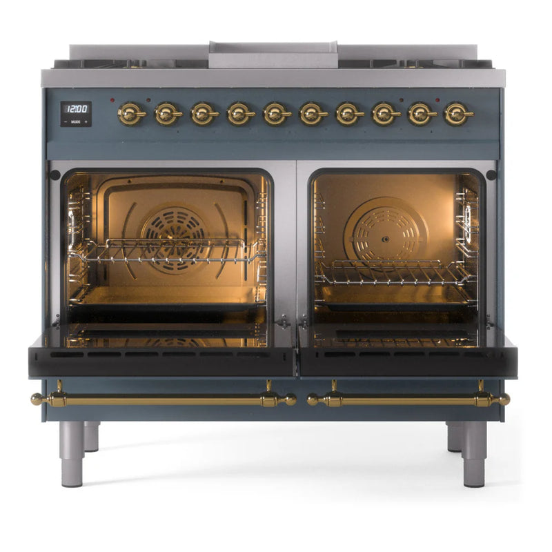 ILVE Nostalgie II 40" Dual Fuel Freestanding Range in Blue Grey with Brass Trim, UPD40FNMPBGGLP