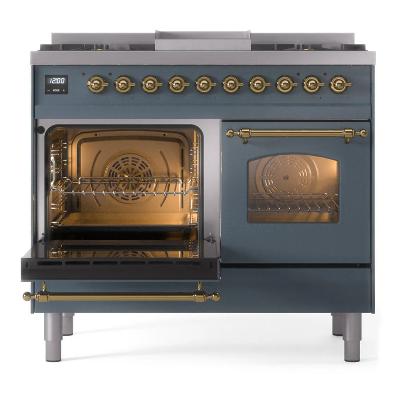 ILVE Nostalgie II 40" Dual Fuel Freestanding Range in Blue Grey with Brass Trim, UPD40FNMPBGGLP