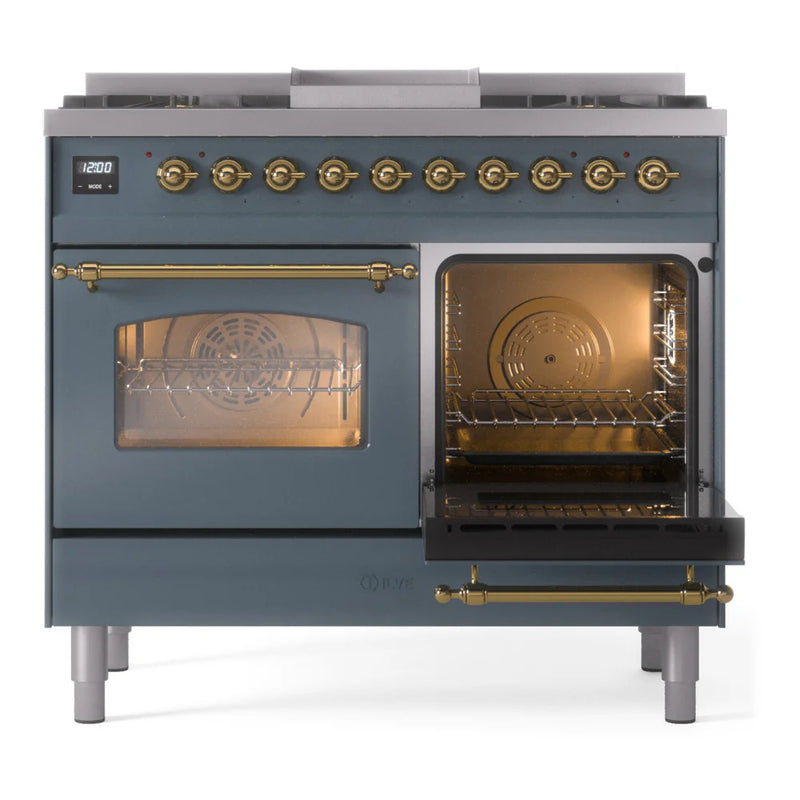 ILVE Nostalgie II 40" Dual Fuel Freestanding Range in Blue Grey with Brass Trim, UPD40FNMPBGGLP
