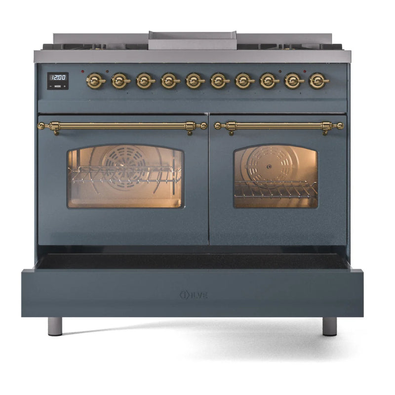 ILVE Nostalgie II 40" Dual Fuel Freestanding Range in Blue Grey with Brass Trim, UPD40FNMPBGGLP
