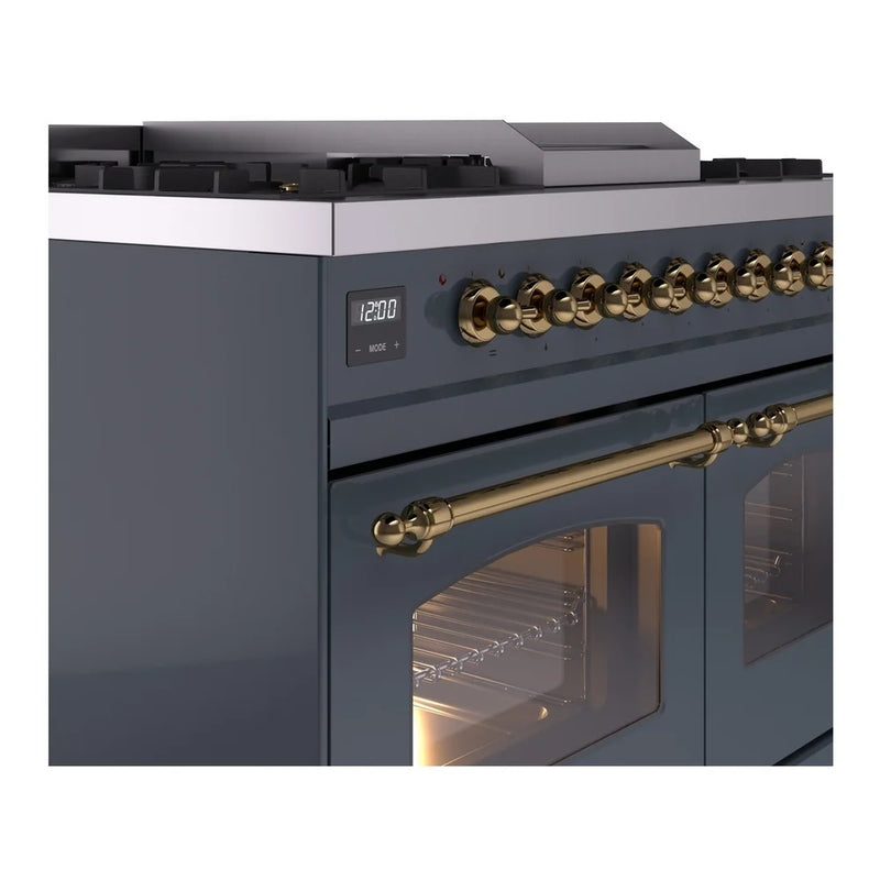 ILVE Nostalgie II 40" Dual Fuel Freestanding Range in Blue Grey with Brass Trim, UPD40FNMPBGGLP