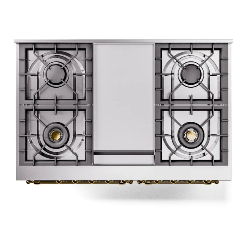 ILVE Nostalgie II 40" Dual Fuel Freestanding Range in Blue Grey with Brass Trim, UPD40FNMPBGGLP