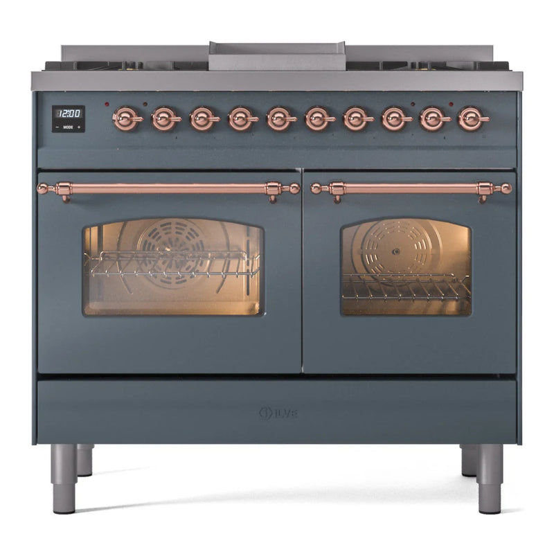 ILVE Nostalgie II 40" Dual Fuel Freestanding Range in Blue Grey with Copper Trim, UPD40FNMPBGPLP